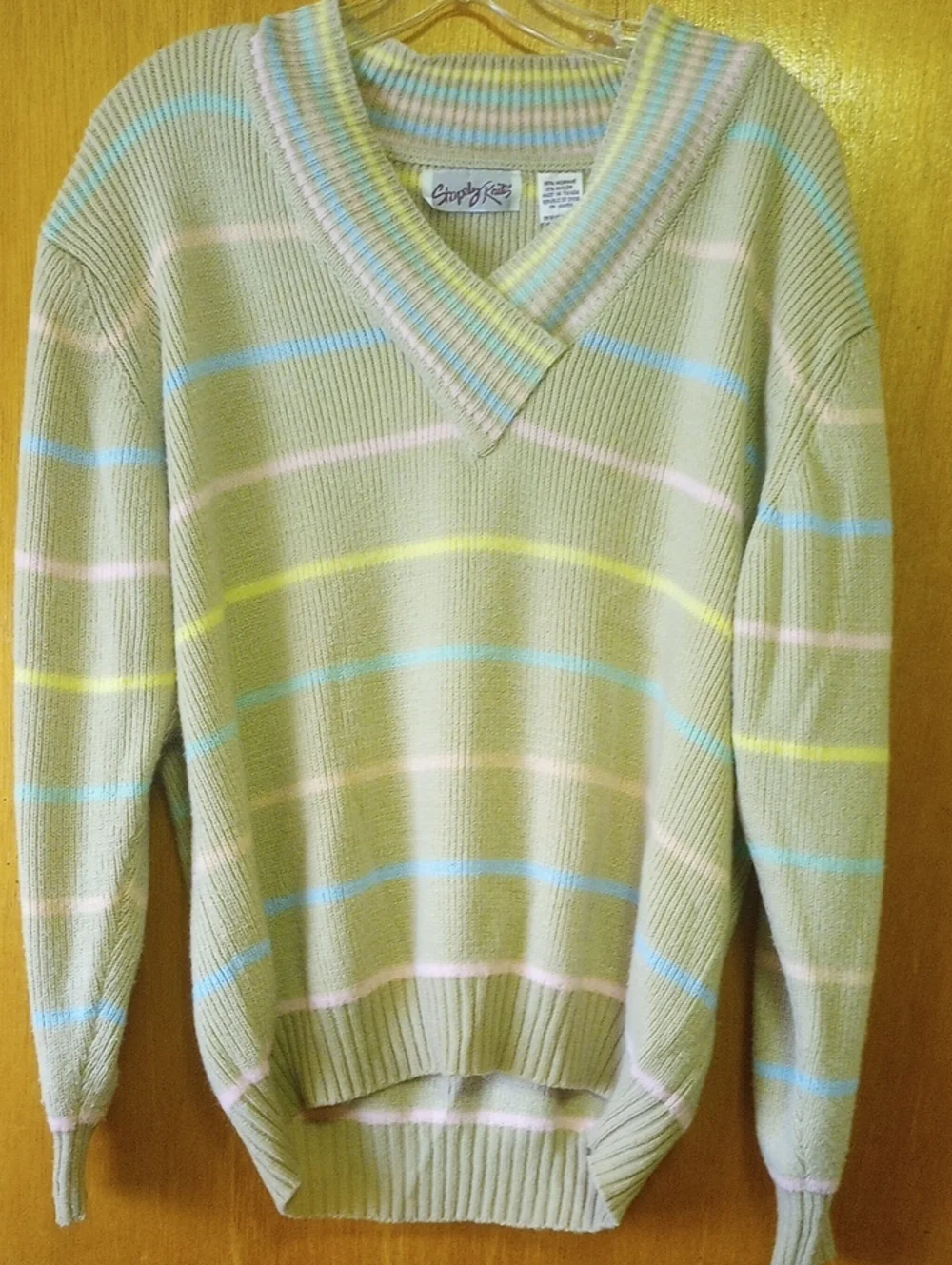 Stapely Knits Striped Oversized Vtg Sweater. Tan Pink Peach Yellow Green Blue